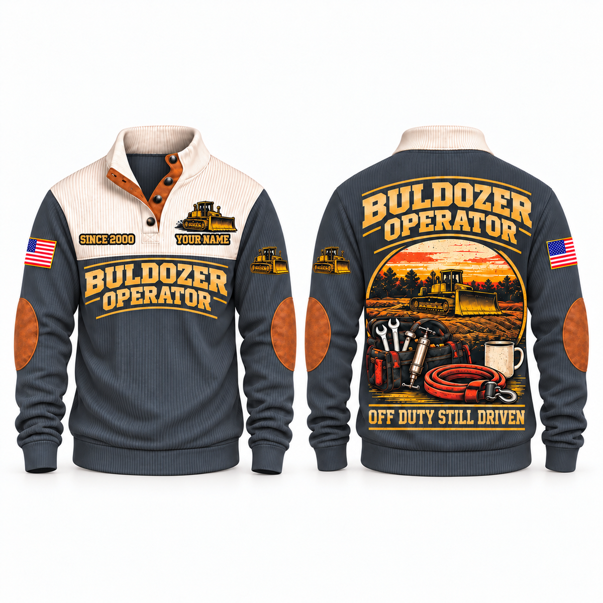 Bulldozer Operator Shift Finished Sports Sweatshirt in Grey, front and back views with a parked tracked bulldozer at sunset, maintenance bag, coffee mug, rolled tow strap and Off Duty Still Driven lettering