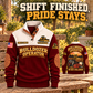 Bulldozer Operator Shift Finished Sports Sweatshirt in Jujube Red, front and back views with a parked tracked bulldozer at sunset, maintenance bag, coffee mug, rolled tow strap and Off Duty Still Driven lettering on a warm porch bench