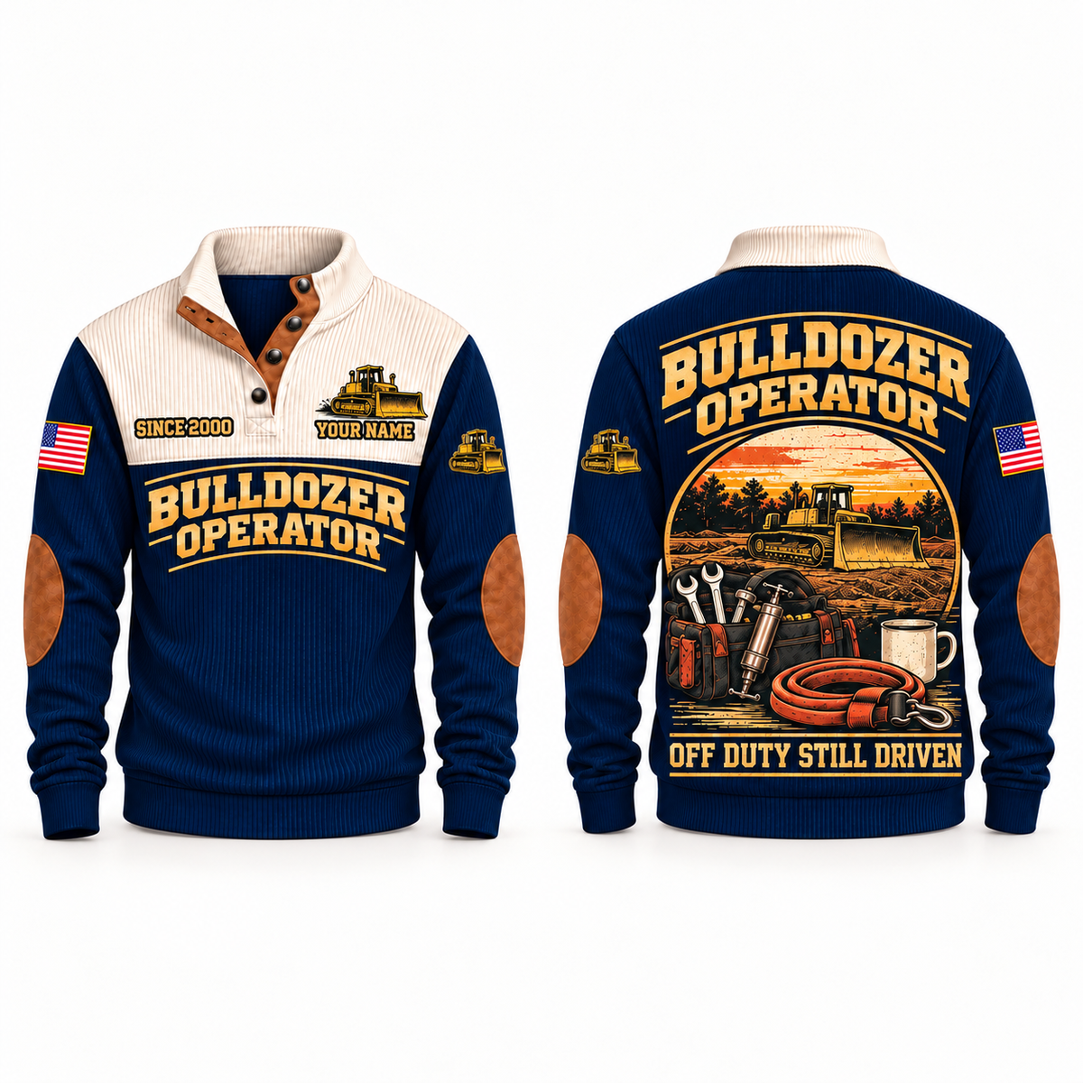 Bulldozer Operator Shift Finished Sports Sweatshirt in Navy, front and back views with a parked tracked bulldozer at sunset, maintenance bag, coffee mug, rolled tow strap and Off Duty Still Driven lettering