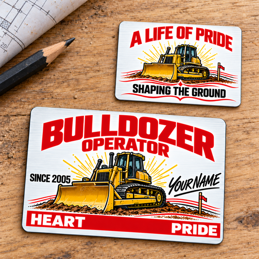 Front and reverse of the Bulldozer Operator Signature Classic aluminum wallet card on an oak workbench, with white-and-red Heart and Pride artwork, a yellow tracked bulldozer and Shaping the Ground on the reverse.