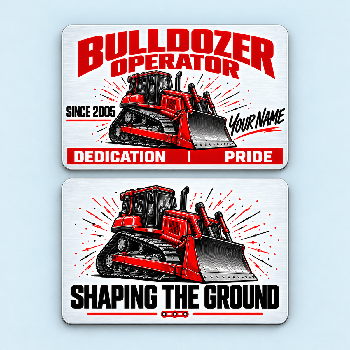 Front and reverse views of one Bulldozer Operator Signature Modern aluminum wallet card, with red and graphite tracked bulldozer artwork and Shaping the Ground on the reverse.