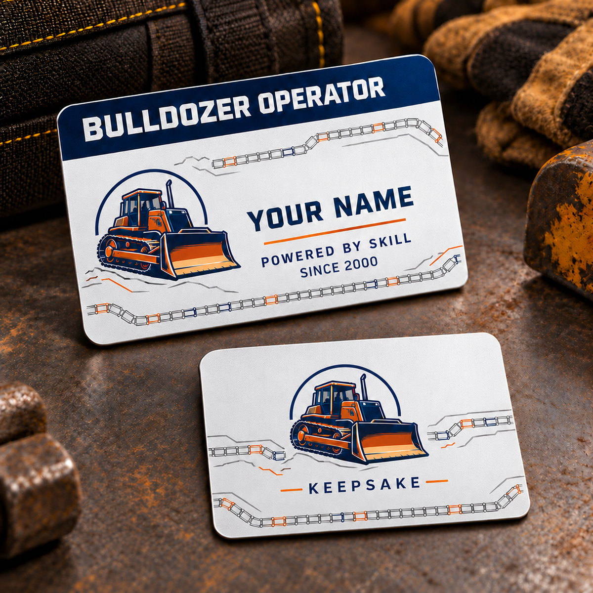 Bulldozer Operator Signature Stripe Aluminum Wallet Card – product view with CUSTOM NAME and SINCE 2000