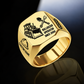 Gold Bulldozer Operator Split Emblem signet ring with a tracked bulldozer and pushing blade on the left, crossed shovel and wrench above occupation text on the right, hard-hat and track-chain shoulders, and sample CUSTOM NAME and SINCE 2000.