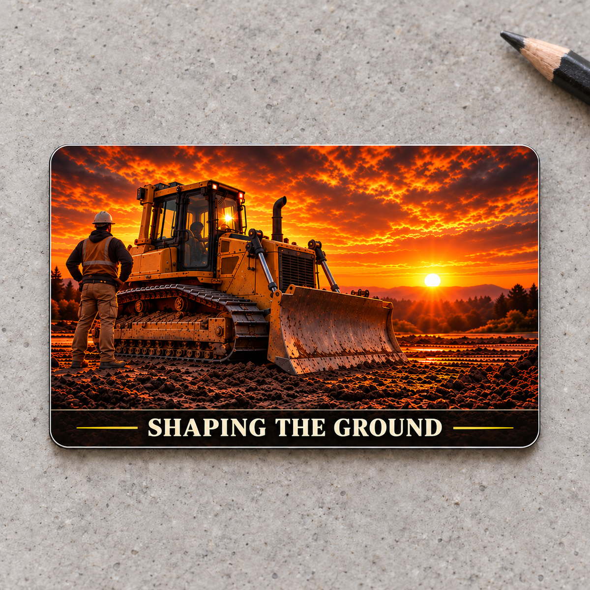 Reverse of the Bulldozer Operator Sunset Workday aluminum wallet card, with a parked tracked bulldozer, an operator at rest and the words Shaping the Ground beneath an amber sunset.
