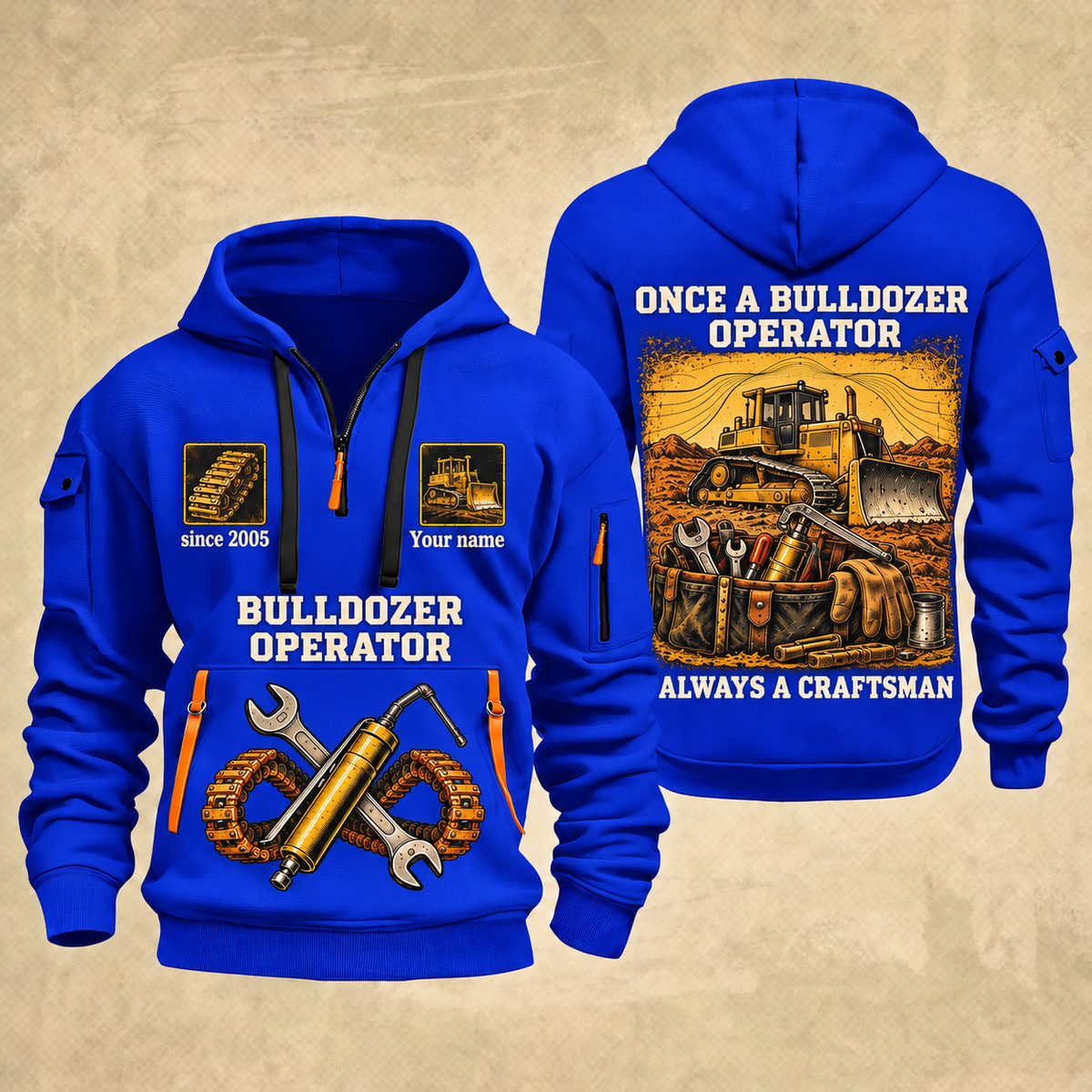 Bulldozer Operator Lifelong Trade Quarter-Zip Hoodie in Blue, front and back views, with tracked bulldozer, tool tote, crossed wrench and grease-gun artwork