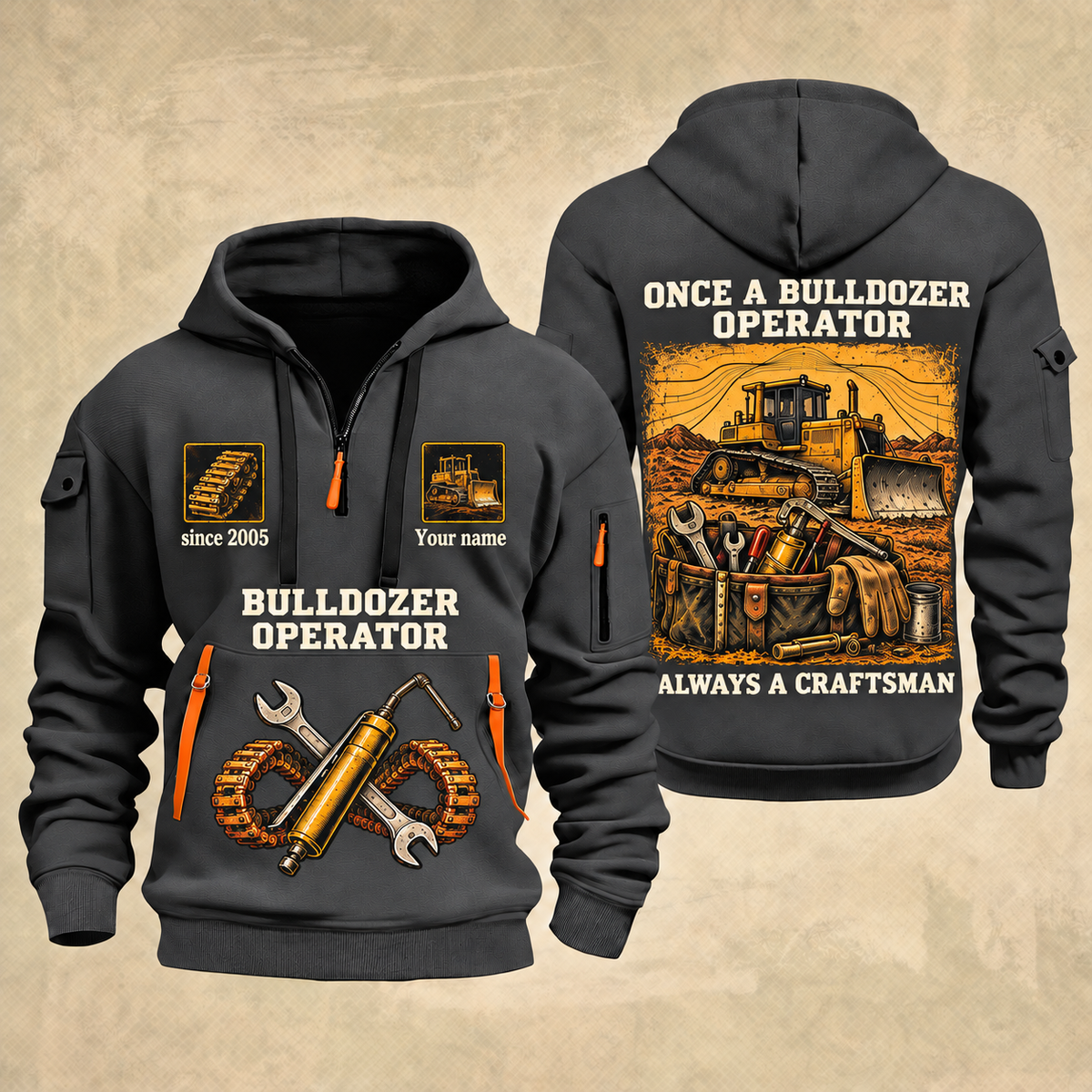 Bulldozer Operator Lifelong Trade Quarter-Zip Hoodie in Gray, front and back views, with tracked bulldozer, tool tote, crossed wrench and grease-gun artwork