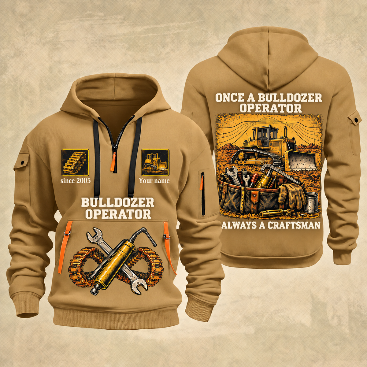 Bulldozer Operator Lifelong Trade Quarter-Zip Hoodie in Khaki, front and back views, with tracked bulldozer, tool tote, crossed wrench and grease-gun artwork