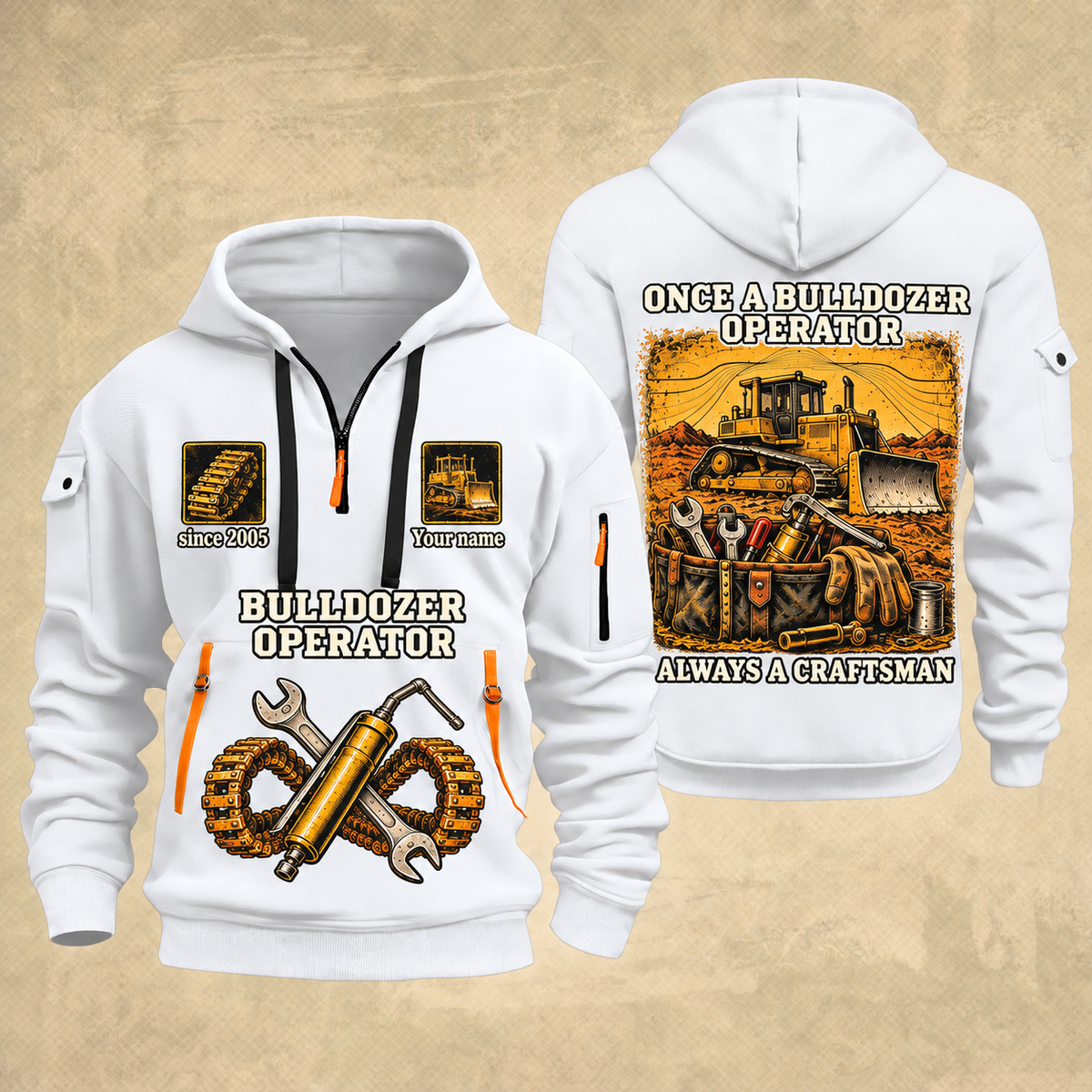 Bulldozer Operator Lifelong Trade Quarter-Zip Hoodie in White, front and back views, with tracked bulldozer, tool tote, crossed wrench and grease-gun artwork