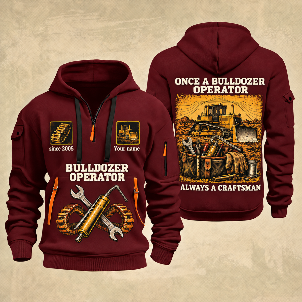 Bulldozer Operator Lifelong Trade Quarter-Zip Hoodie in Wine Red, front and back views, with tracked bulldozer, tool tote, crossed wrench and grease-gun artwork