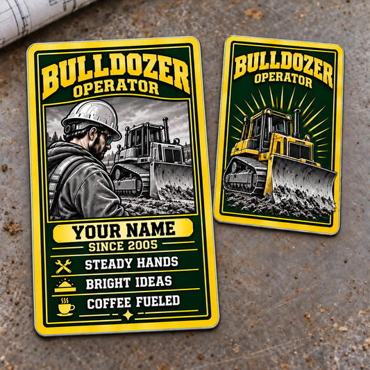 Front and reverse of the Bulldozer Operator Trade Legend aluminum wallet card, with green and gold portrait artwork, a grayscale worker, tracked bulldozers with broad front blades, and illustrative YOUR NAME and SINCE 2005 text.
