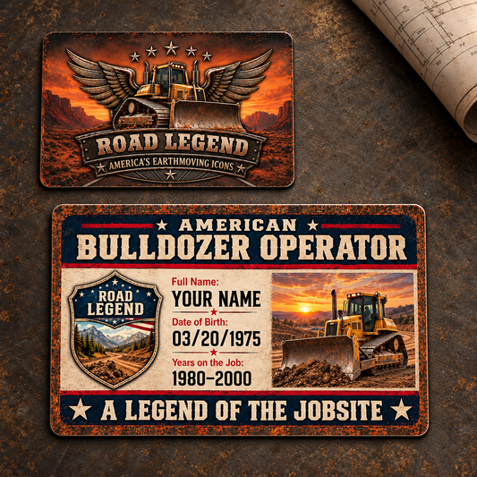 Front and reverse of the Bulldozer Operator Road Legend aluminum wallet card, with a winged bulldozer crest and a vintage navy, cream and red sample identity layout showing tracked dozers with front blades.