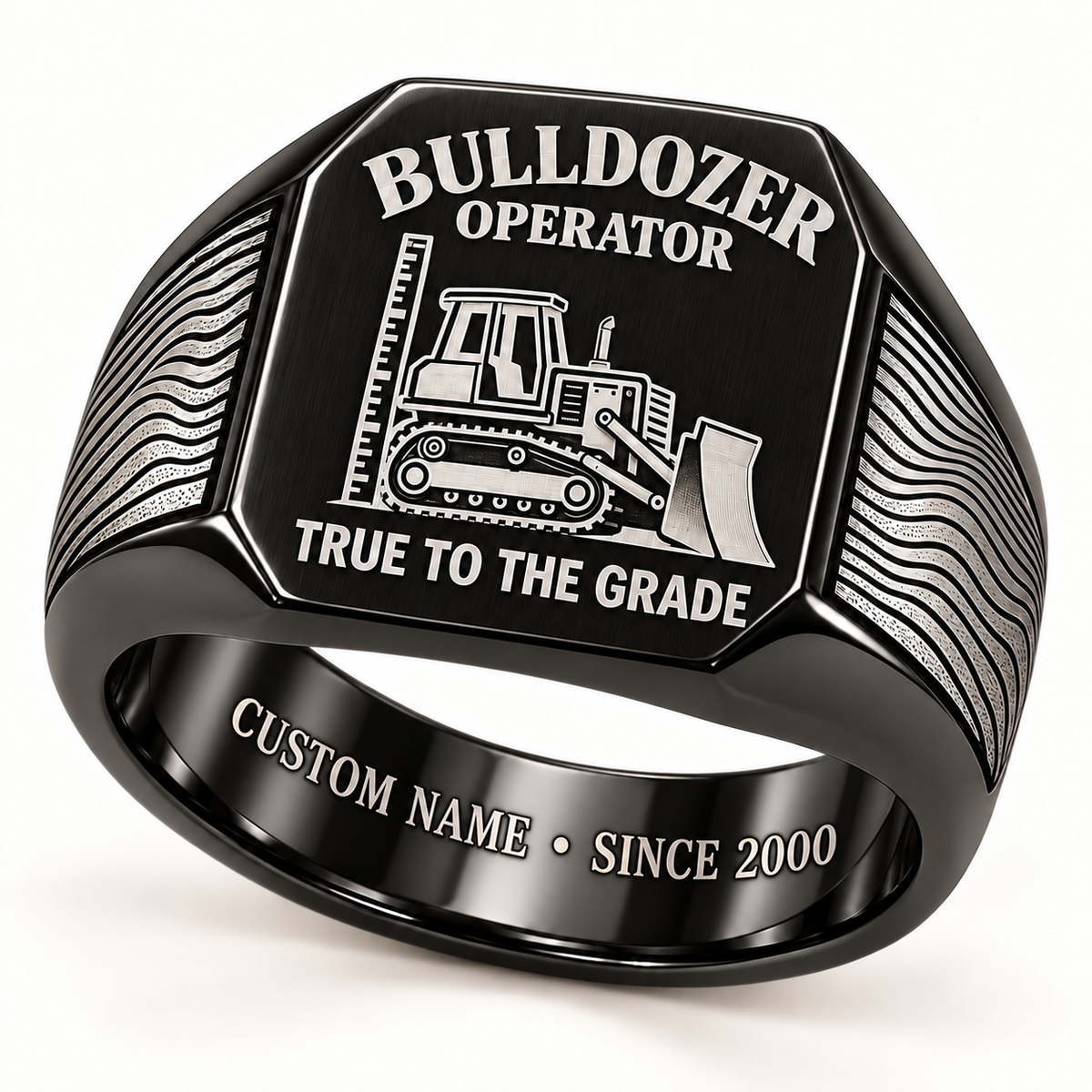 Bulldozer Operator True to the Grade Signet Ring – Black with CUSTOM NAME and SINCE 2000