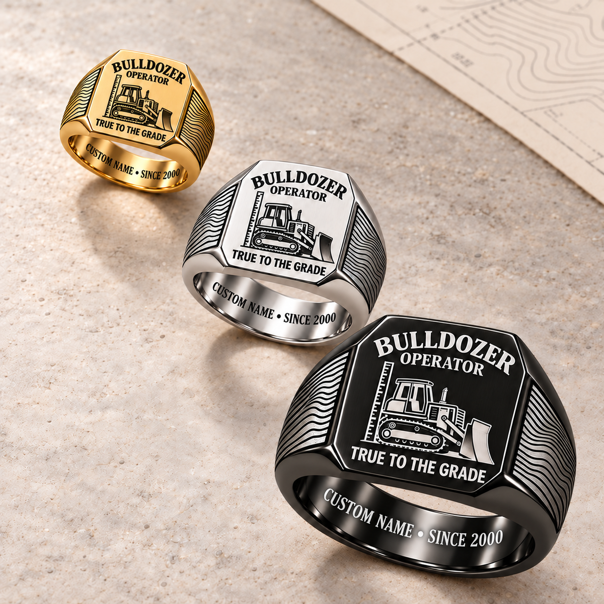 Bulldozer Operator True to the Grade Signet Ring – Hero with CUSTOM NAME and SINCE 2000