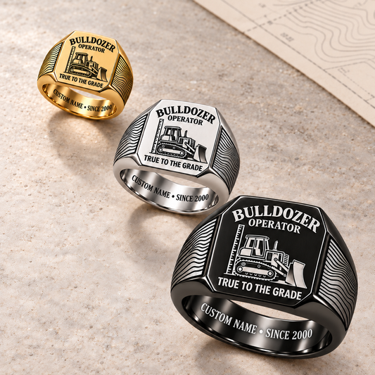 Bulldozer Operator True to the Grade Signet Ring – Hero with CUSTOM NAME and SINCE 2000