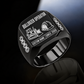 Black Bulldozer Operator Twin Icons signet ring with tracked bulldozer and hard-hat symbols, track-link shoulders, plain inner band, and sample CUSTOM NAME and SINCE 2000 engraving.