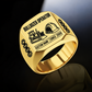 Gold Bulldozer Operator Twin Icons signet ring with tracked bulldozer and hard-hat symbols, track-link shoulders, plain inner band, and sample CUSTOM NAME and SINCE 2000 engraving.