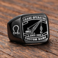 Black-finish Crane Operator Black Face Badge ring with lattice crane, suspended hoist hook, shoulder shackle and illustrated CUSTOM NAME and SINCE 2000 text