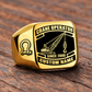 Gold-finish Crane Operator Black Face Badge ring with lattice crane, suspended hoist hook, shoulder shackle and illustrated CUSTOM NAME and SINCE 2000 text