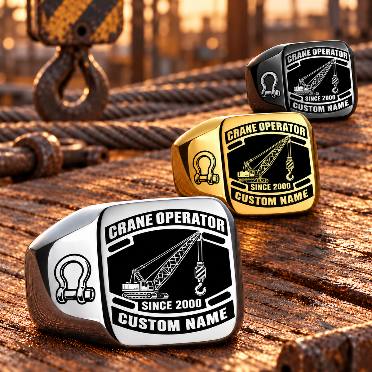 Crane Operator Black Face Badge rings in a Silver-led diagonal arrangement with Gold and Black finishes on a staged rigging workbench