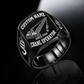 Black-finish Crane Operator Bold Lettering signet ring with lattice-boom crane and shoulder hoist-hook artwork, with illustrated CUSTOM NAME and SINCE 2000 text