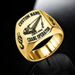 Gold-finish Crane Operator Bold Lettering signet ring with lattice-boom crane and shoulder hoist-hook artwork, with illustrated CUSTOM NAME and SINCE 2000 text