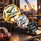Crane Operator Bold Lettering signet rings in a Gold-led stepped horizontal arrangement with Silver and Black finishes on a staged crane-rigging tabletop
