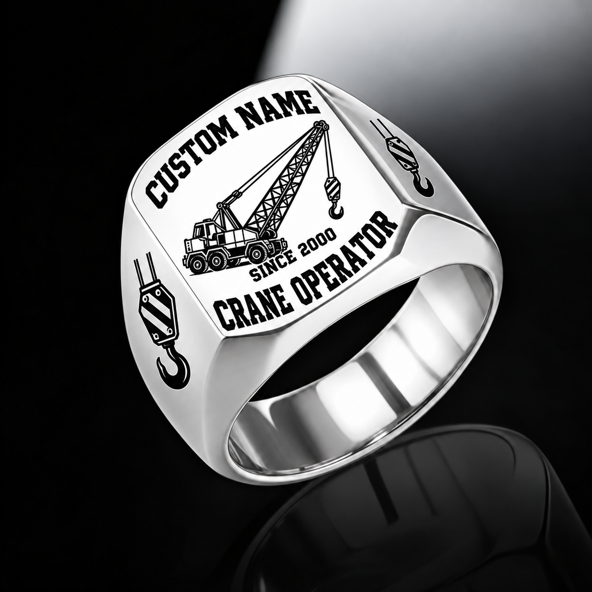 Silver-finish Crane Operator Bold Lettering signet ring with lattice-boom crane and shoulder hoist-hook artwork, with illustrated CUSTOM NAME and SINCE 2000 text