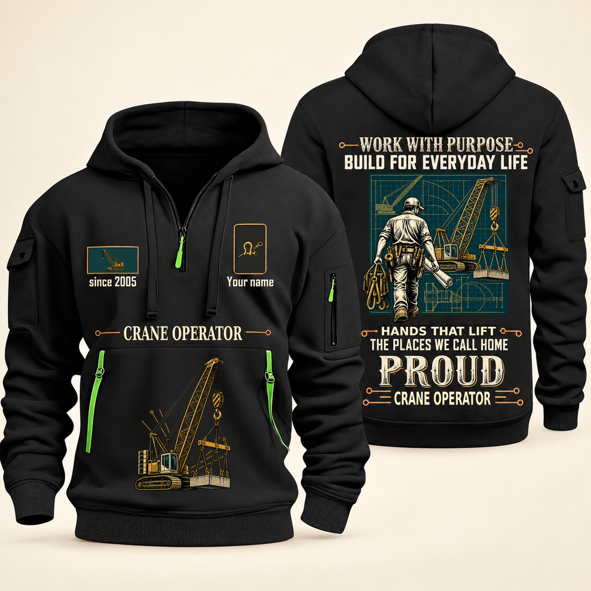 Crane Operator Built For The Everyday Quarter-Zip Hoodie in Black, full authentic front and back views with matching crane operator tools and equipment artwork, original sample name/year and Built For The Everyday planning theme.