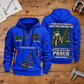 Crane Operator Built For The Everyday Quarter-Zip Hoodie in Blue, full authentic front and back views with matching crane operator tools and equipment artwork, original sample name/year and Built For The Everyday planning theme. On a crane operator workbench.