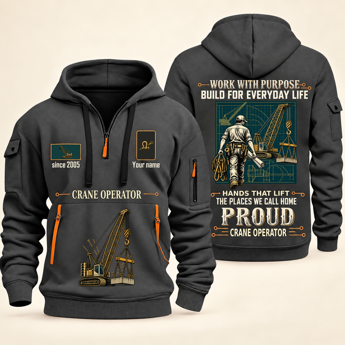 Crane Operator Built For The Everyday Quarter-Zip Hoodie in Gray, full authentic front and back views with matching crane operator tools and equipment artwork, original sample name/year and Built For The Everyday planning theme.