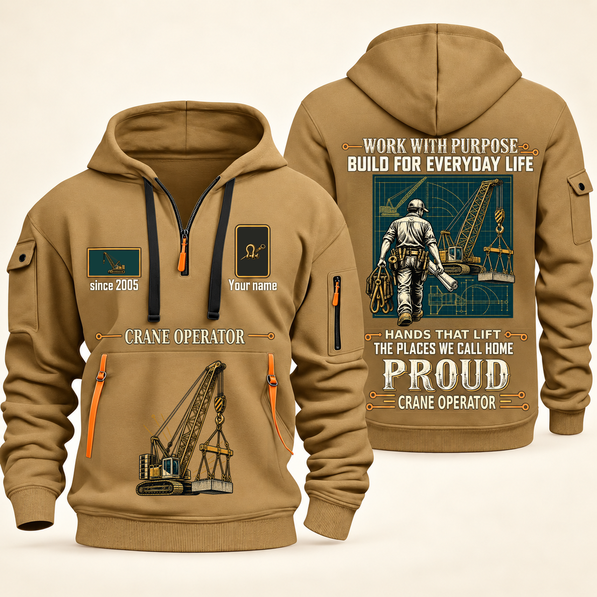 Crane Operator Built For The Everyday Quarter-Zip Hoodie in Khaki, full authentic front and back views with matching crane operator tools and equipment artwork, original sample name/year and Built For The Everyday planning theme.