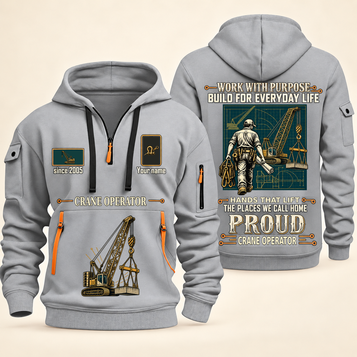 Crane Operator Built For The Everyday Quarter-Zip Hoodie in Light Grey, full authentic front and back views with matching crane operator tools and equipment artwork, original sample name/year and Built For The Everyday planning theme.