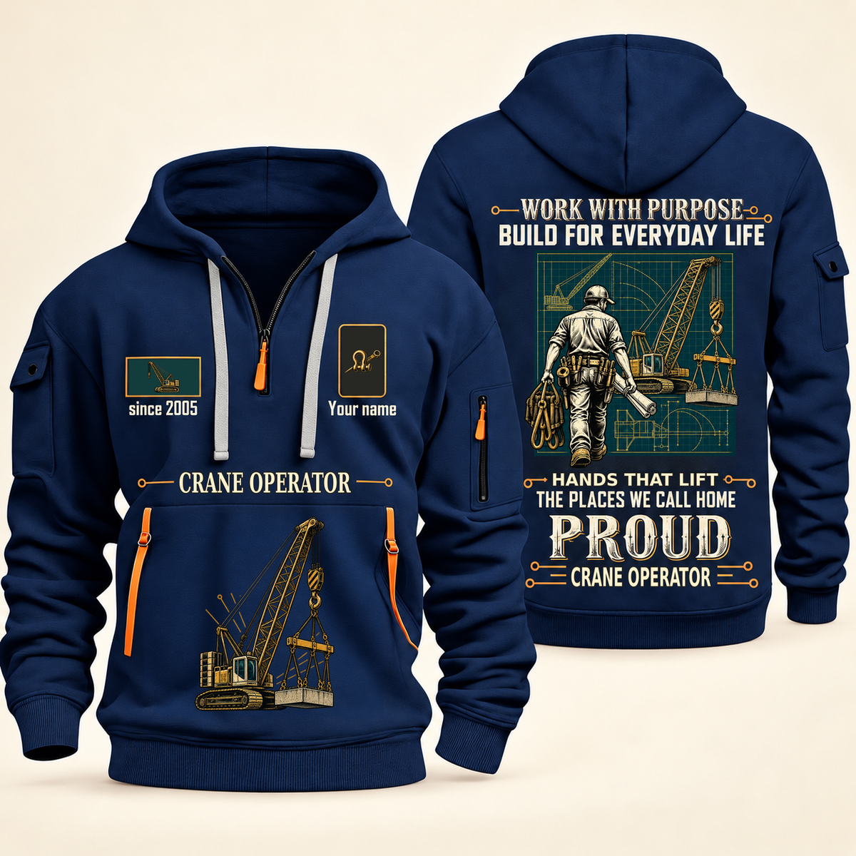 Crane Operator Built For The Everyday Quarter-Zip Hoodie in Navy, full authentic front and back views with matching crane operator tools and equipment artwork, original sample name/year and Built For The Everyday planning theme.