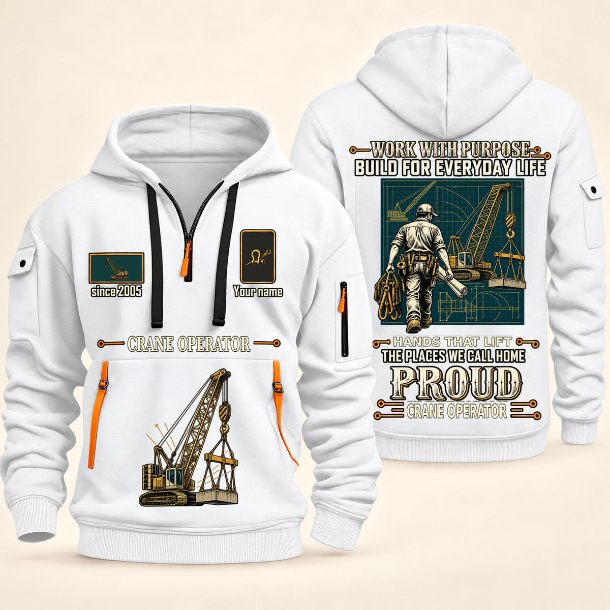 Crane Operator Built For The Everyday Quarter-Zip Hoodie in White, full authentic front and back views with matching crane operator tools and equipment artwork, original sample name/year and Built For The Everyday planning theme.