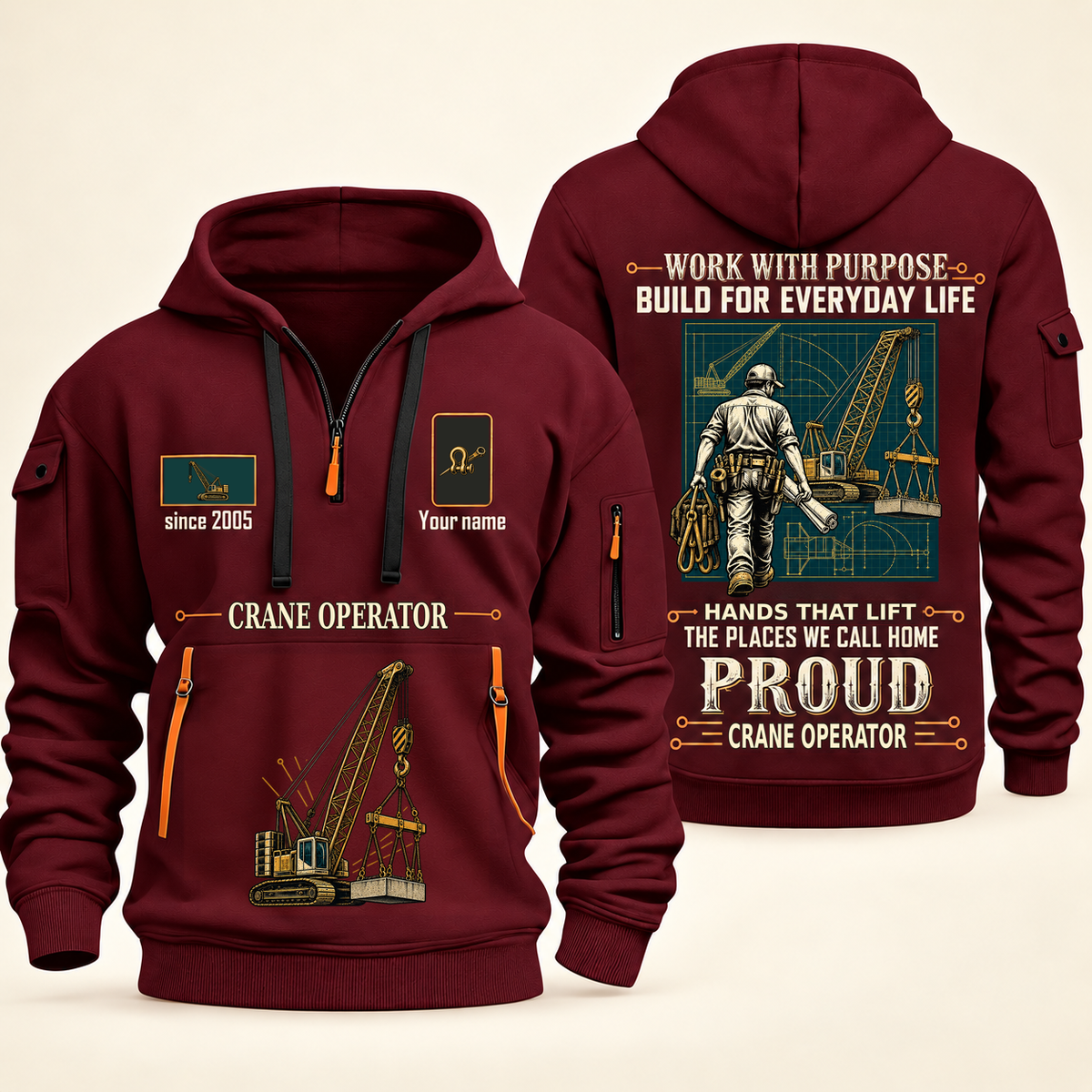 Crane Operator Built For The Everyday Quarter-Zip Hoodie in Wine Red, full authentic front and back views with matching crane operator tools and equipment artwork, original sample name/year and Built For The Everyday planning theme.