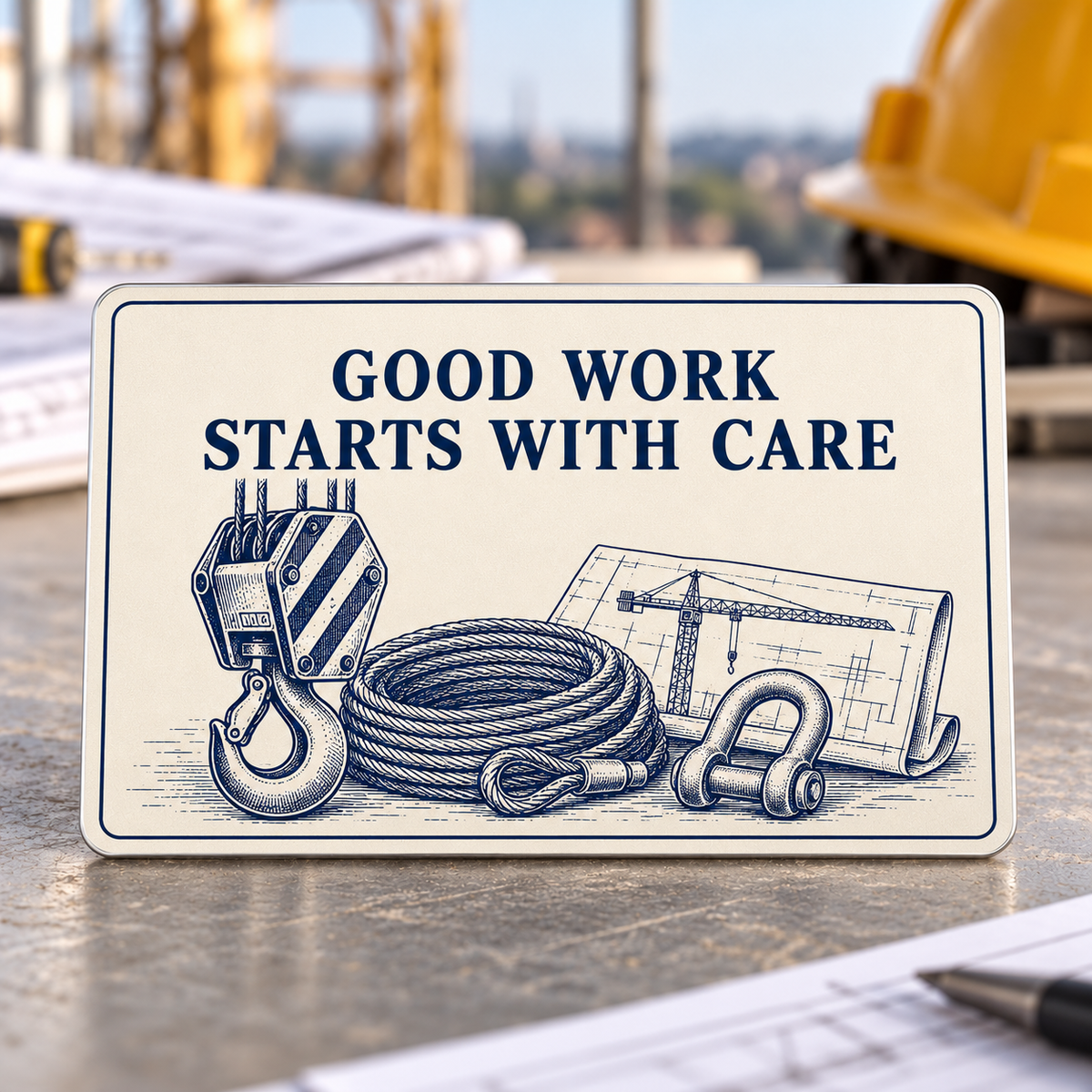 Reverse of the Crane Operator Built by Skill aluminum wallet card, with Good Work Starts with Care in indigo above a printed crane hook block, coiled wire rope, shackle and lift-plan illustration on ivory.