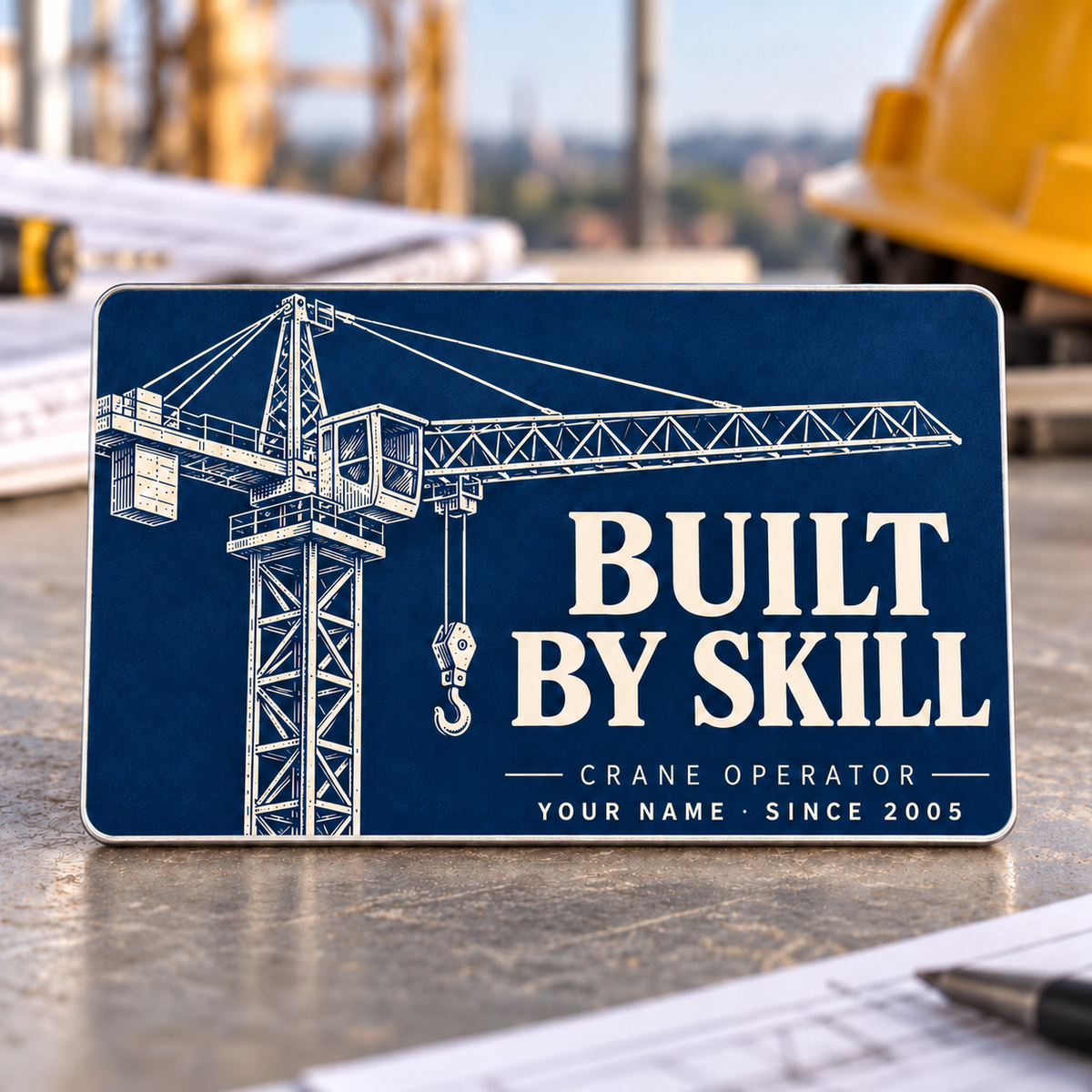 Crane Operator Built by Skill aluminum wallet card, with an ivory tower-crane technical illustration and cream lettering on an indigo printed front, standing on a planning workbench.