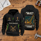Crane Operator Built With Skill Quarter-Zip Hoodie in Black, full authentic front and back views with matching crane operator tools and equipment artwork, original sample name/year and Built With Skill slogan. On a crane operator workbench.