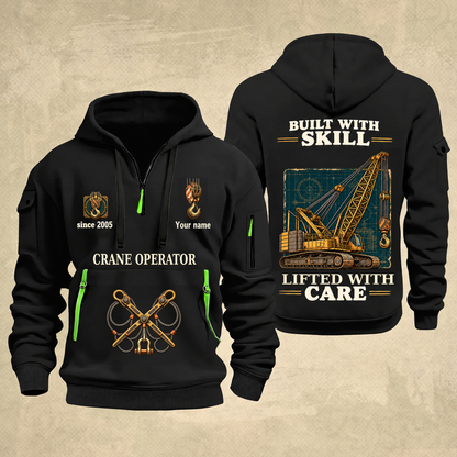 Crane Operator Built With Skill Quarter-Zip Hoodie in Black, full authentic front and back views with matching crane operator tools and equipment artwork, original sample name/year and Built With Skill slogan.