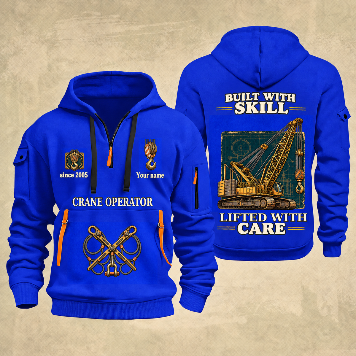 Crane Operator Built With Skill Quarter-Zip Hoodie in Blue, full authentic front and back views with matching crane operator tools and equipment artwork, original sample name/year and Built With Skill slogan.