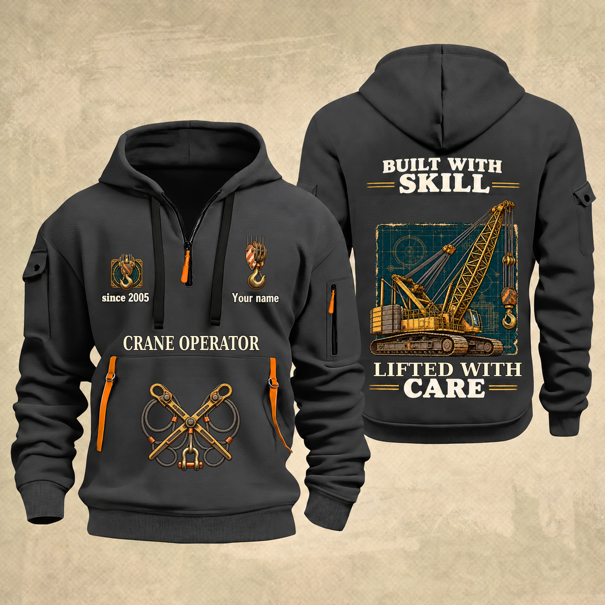 Crane Operator Built With Skill Quarter-Zip Hoodie in Gray, full authentic front and back views with matching crane operator tools and equipment artwork, original sample name/year and Built With Skill slogan.