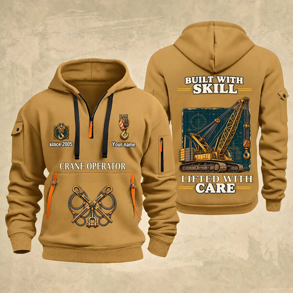 Crane Operator Built With Skill Quarter-Zip Hoodie in Khaki, full authentic front and back views with matching crane operator tools and equipment artwork, original sample name/year and Built With Skill slogan.