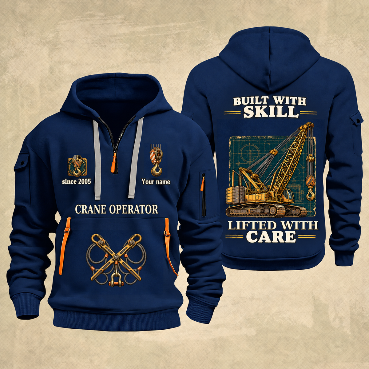 Crane Operator Built With Skill Quarter-Zip Hoodie in Navy, full authentic front and back views with matching crane operator tools and equipment artwork, original sample name/year and Built With Skill slogan.