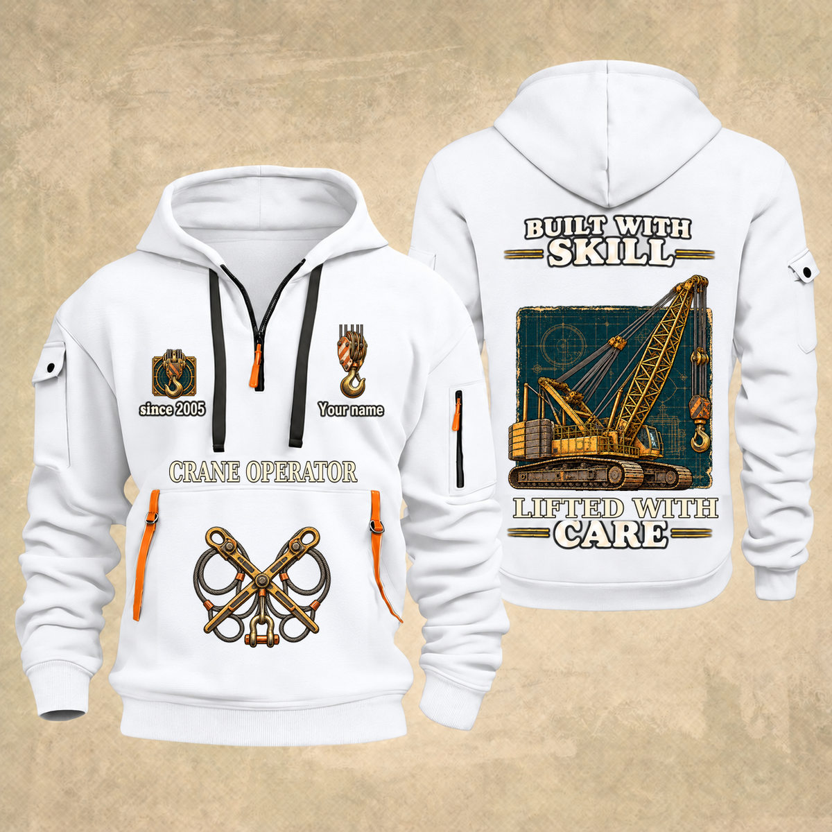 Crane Operator Built With Skill Quarter-Zip Hoodie in White, full authentic front and back views with matching crane operator tools and equipment artwork, original sample name/year and Built With Skill slogan.
