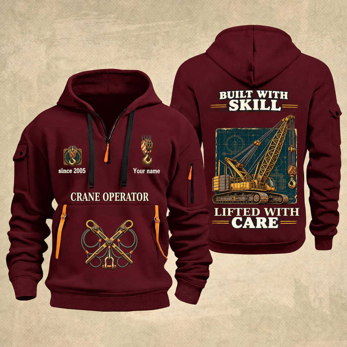 Crane Operator Built With Skill Quarter-Zip Hoodie in Wine Red, full authentic front and back views with matching crane operator tools and equipment artwork, original sample name/year and Built With Skill slogan.