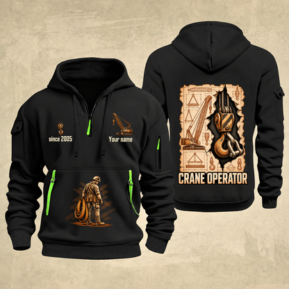 Crane Operator Blueprint Quarter-Zip Hoodie in Black, authentic overlapping front and back views with crane operator artwork and source sample name/year lettering.