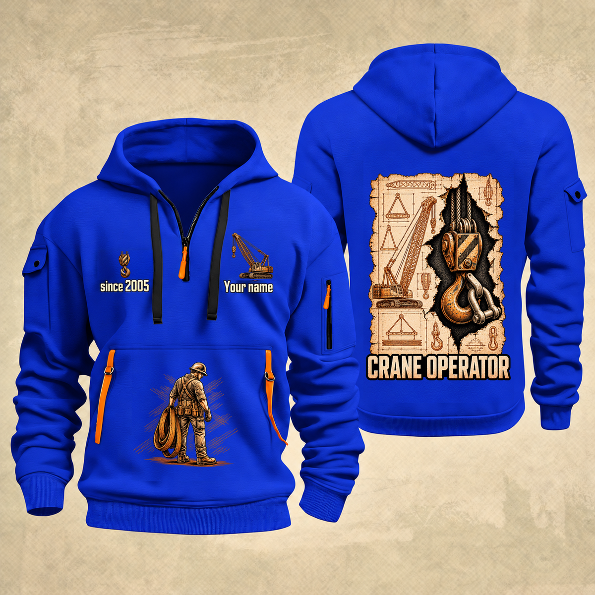 Crane Operator Blueprint Quarter-Zip Hoodie in Blue, authentic overlapping front and back views with crane operator artwork and source sample name/year lettering.