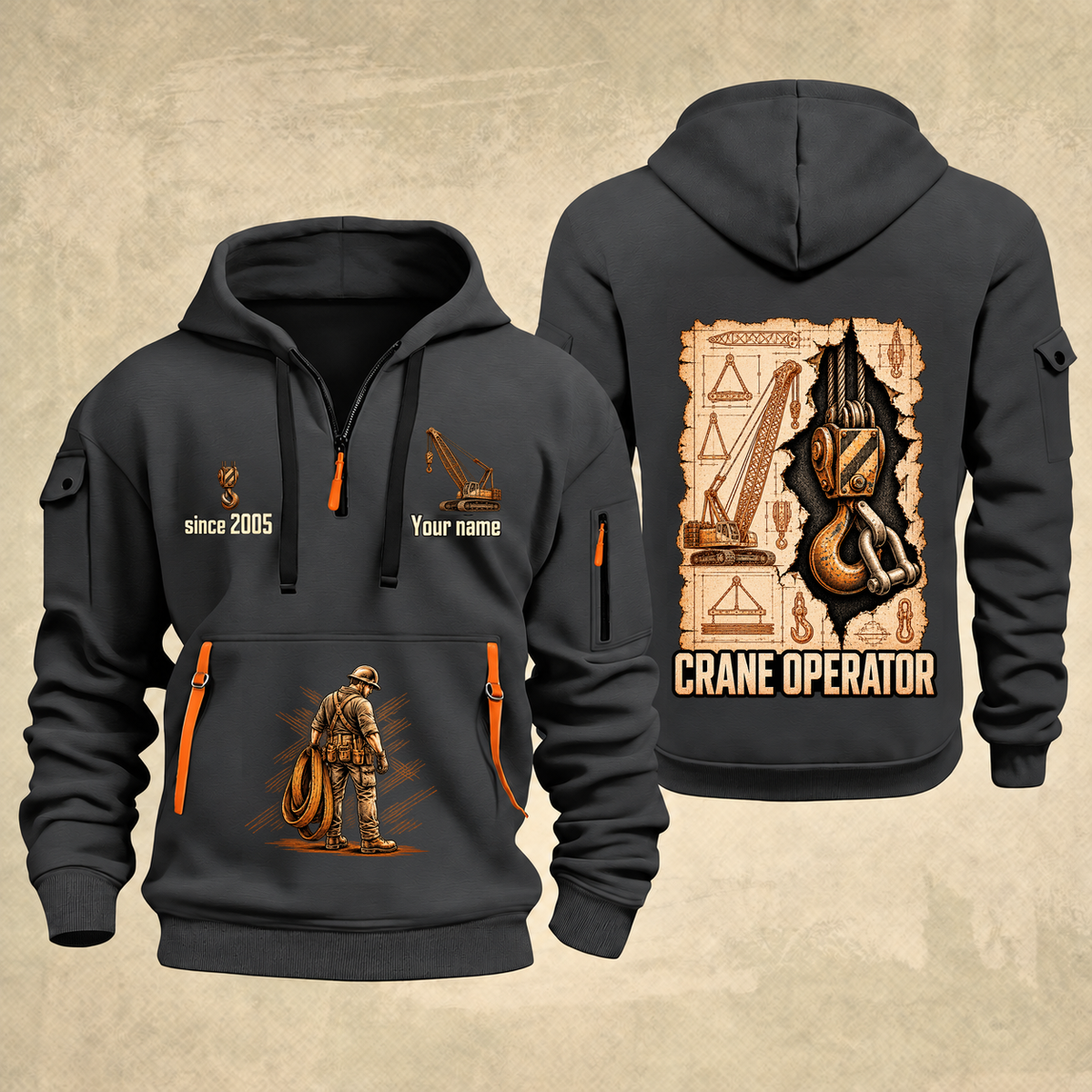 Crane Operator Blueprint Quarter-Zip Hoodie in Gray, authentic overlapping front and back views with crane operator artwork and source sample name/year lettering.