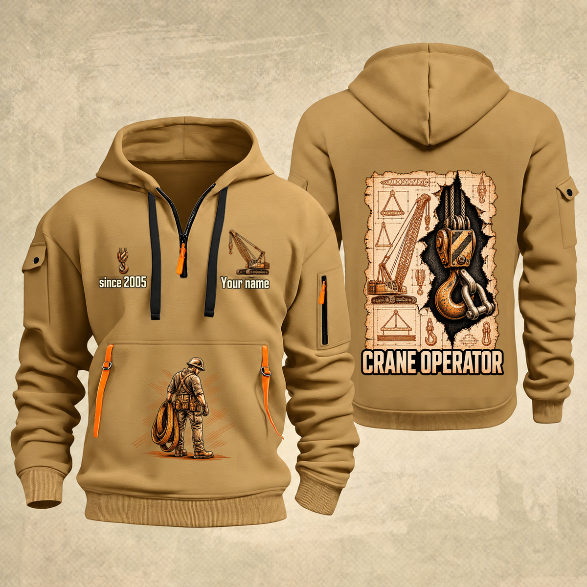 Crane Operator Blueprint Quarter-Zip Hoodie in Khaki, authentic overlapping front and back views with crane operator artwork and source sample name/year lettering.
