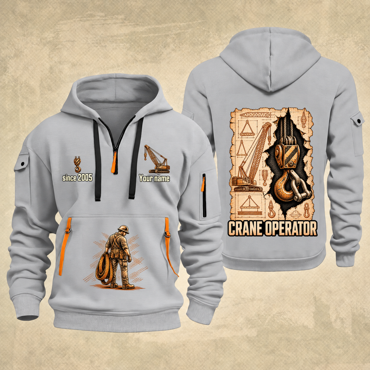 Crane Operator Blueprint Quarter-Zip Hoodie in Light Grey, authentic overlapping front and back views with crane operator artwork and source sample name/year lettering.